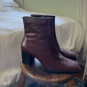 Square-toed burgundy ankle boots